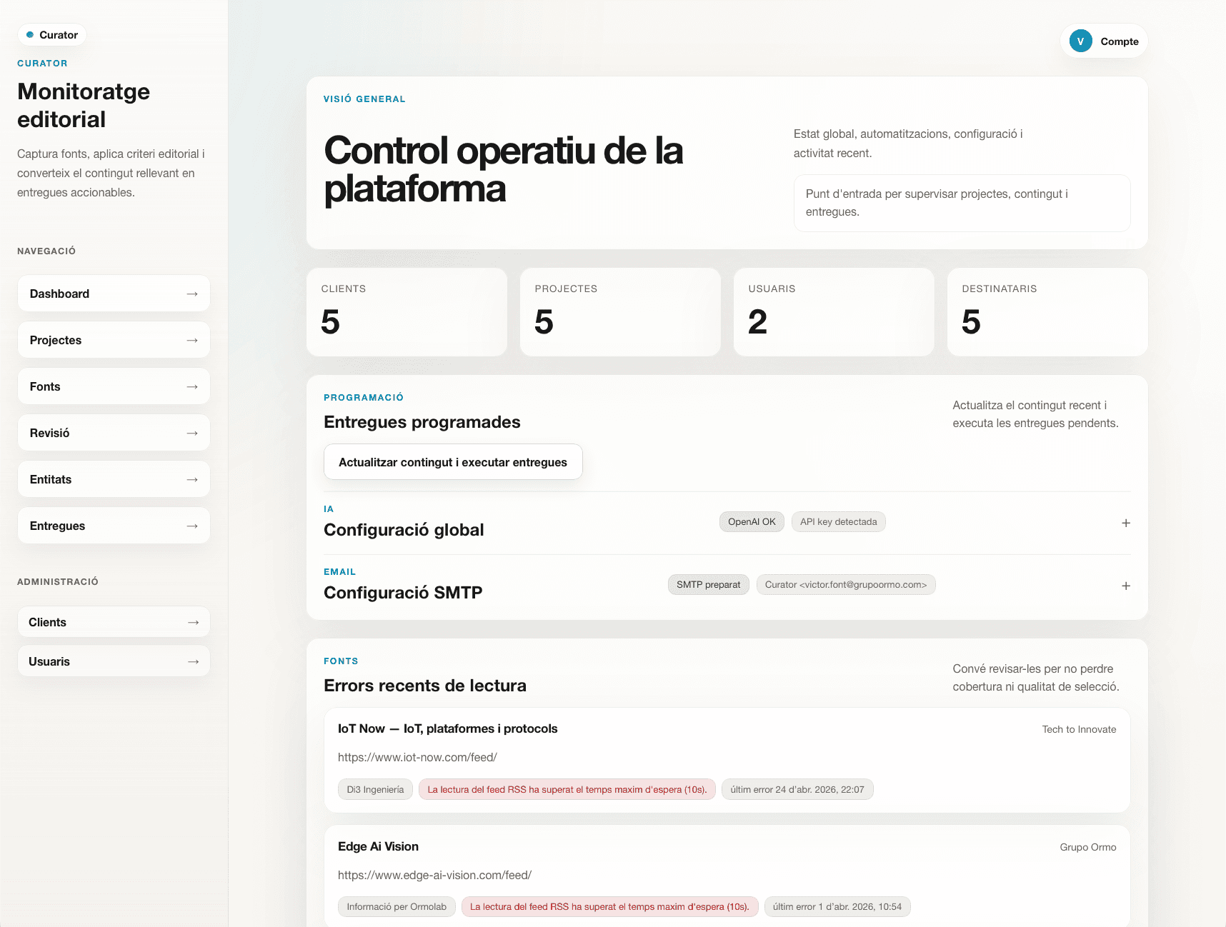 Dashboard principal de Curator